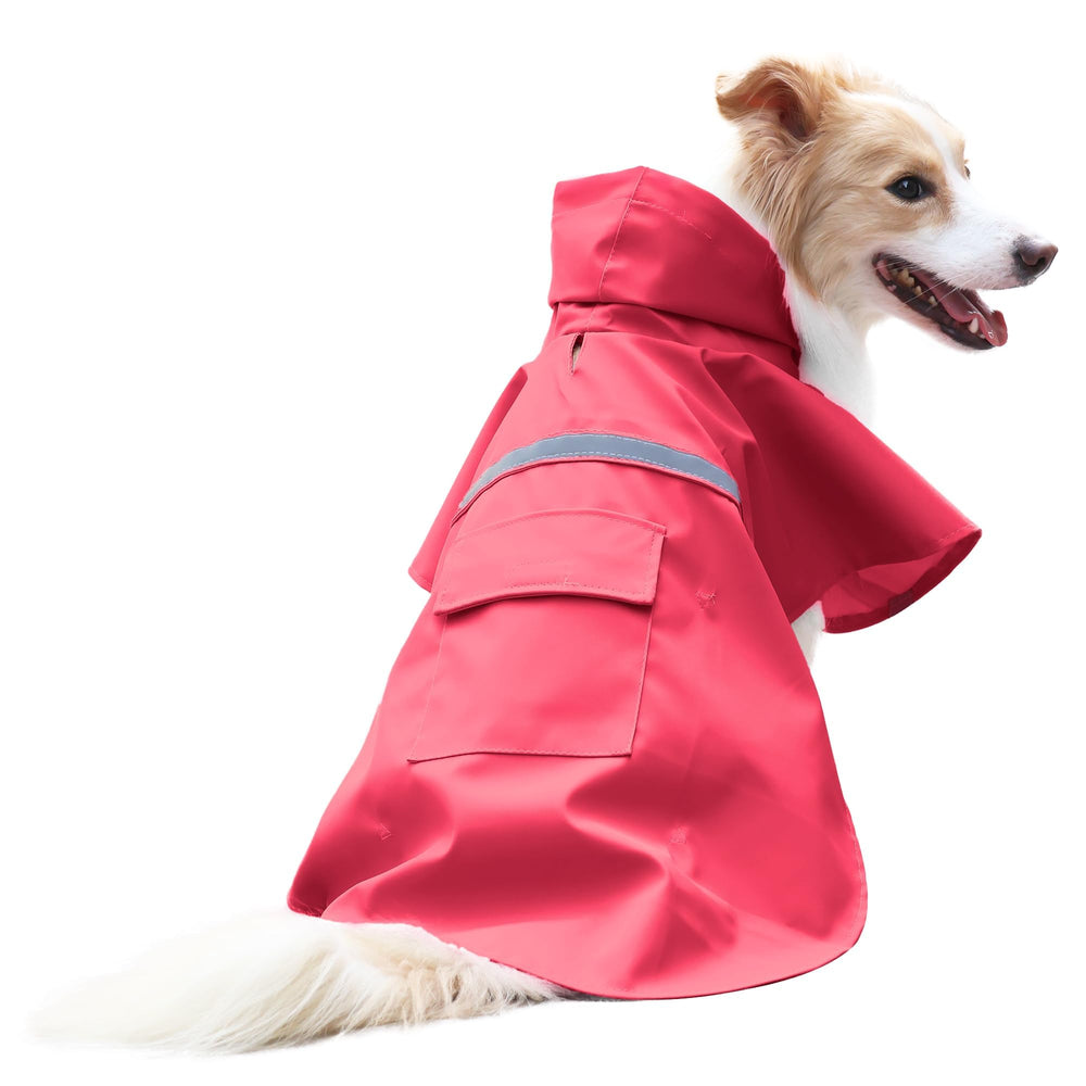 NACOCO dog raincoat shown from the front in red with a unicorn design.