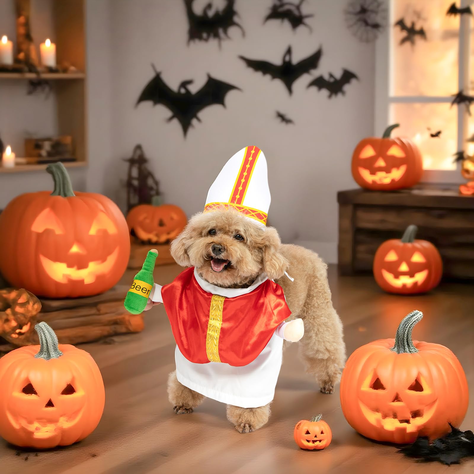 NACOCO pope pet costume showing the beer bottle held in the right hand.