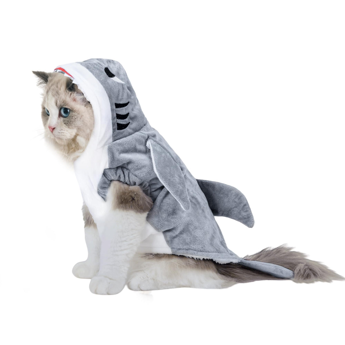 NACOCO shark pet costume shown from the front in grey.
