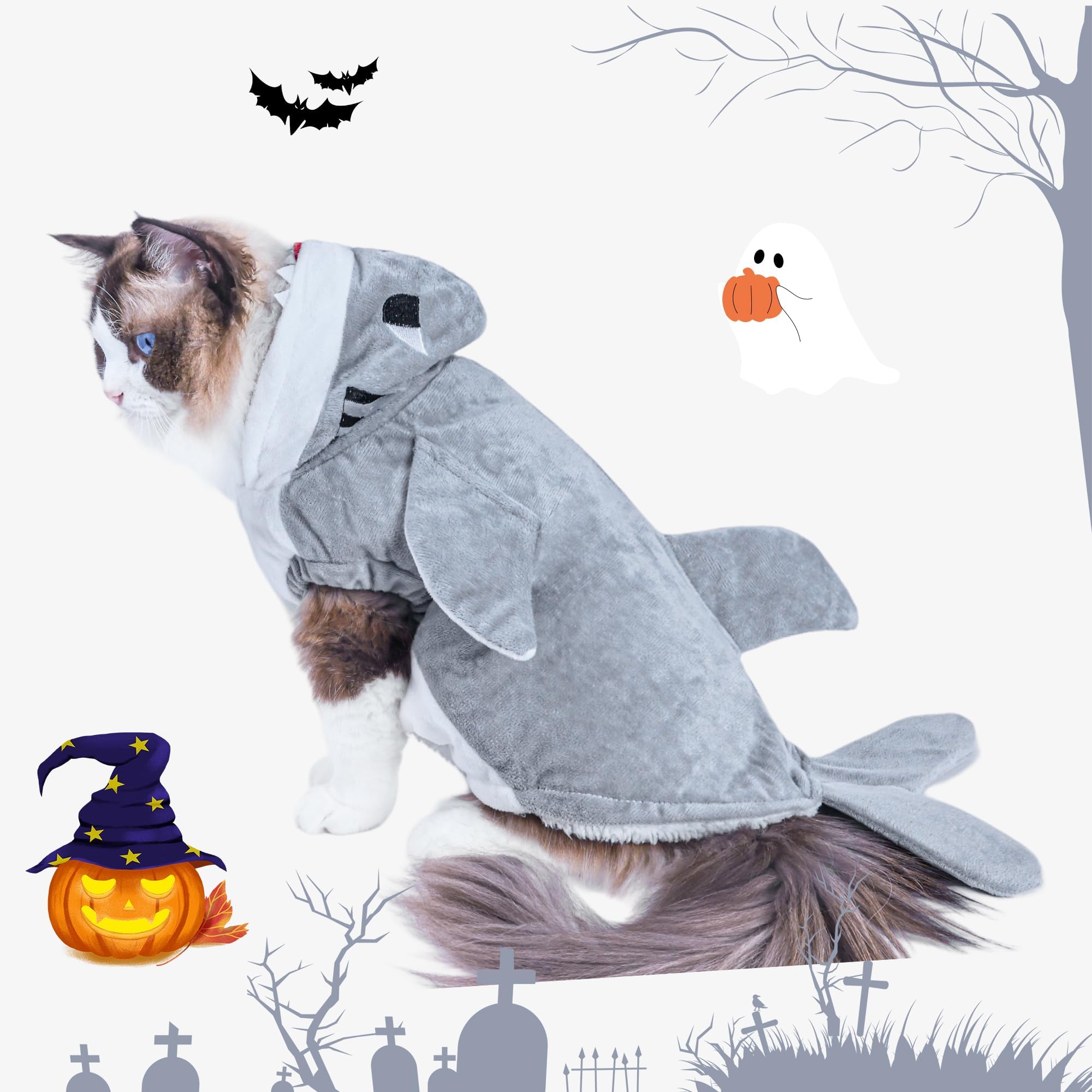 NACOCO shark pet costume shown being worn by a pet.