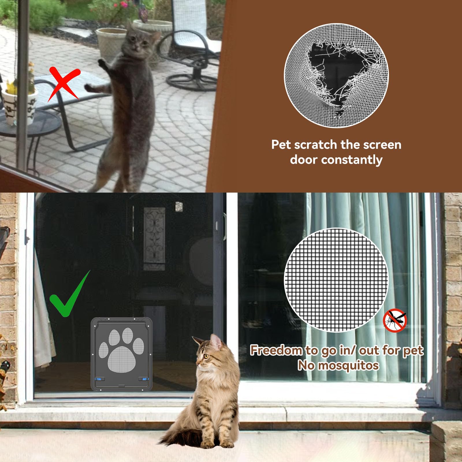 NAMSAN Cat Screen Door with its blue side locks shown close up.