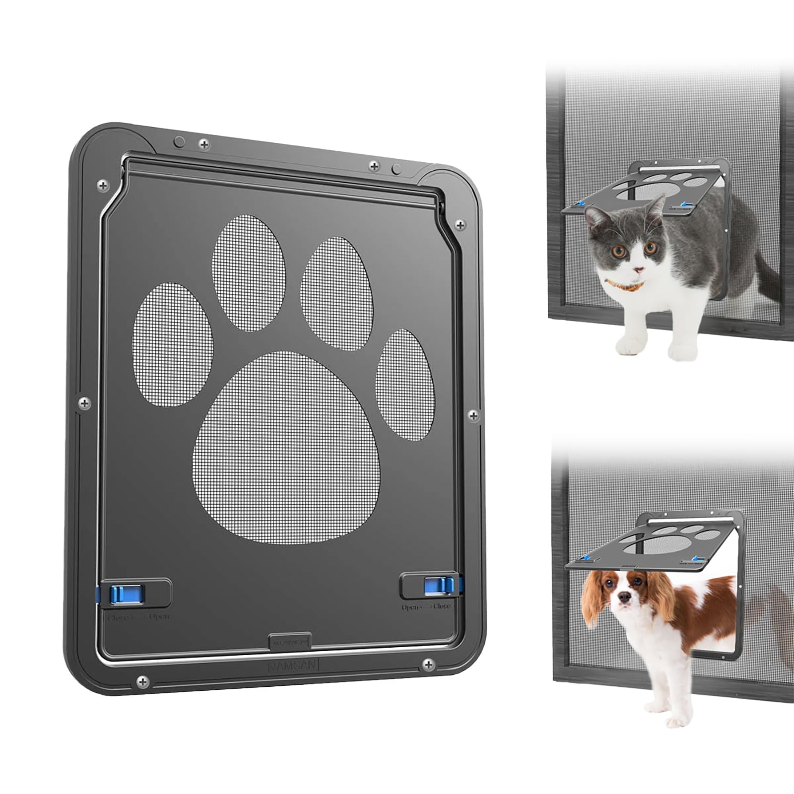 NAMSAN Cat Screen Door shown from the front with its frame and flap.