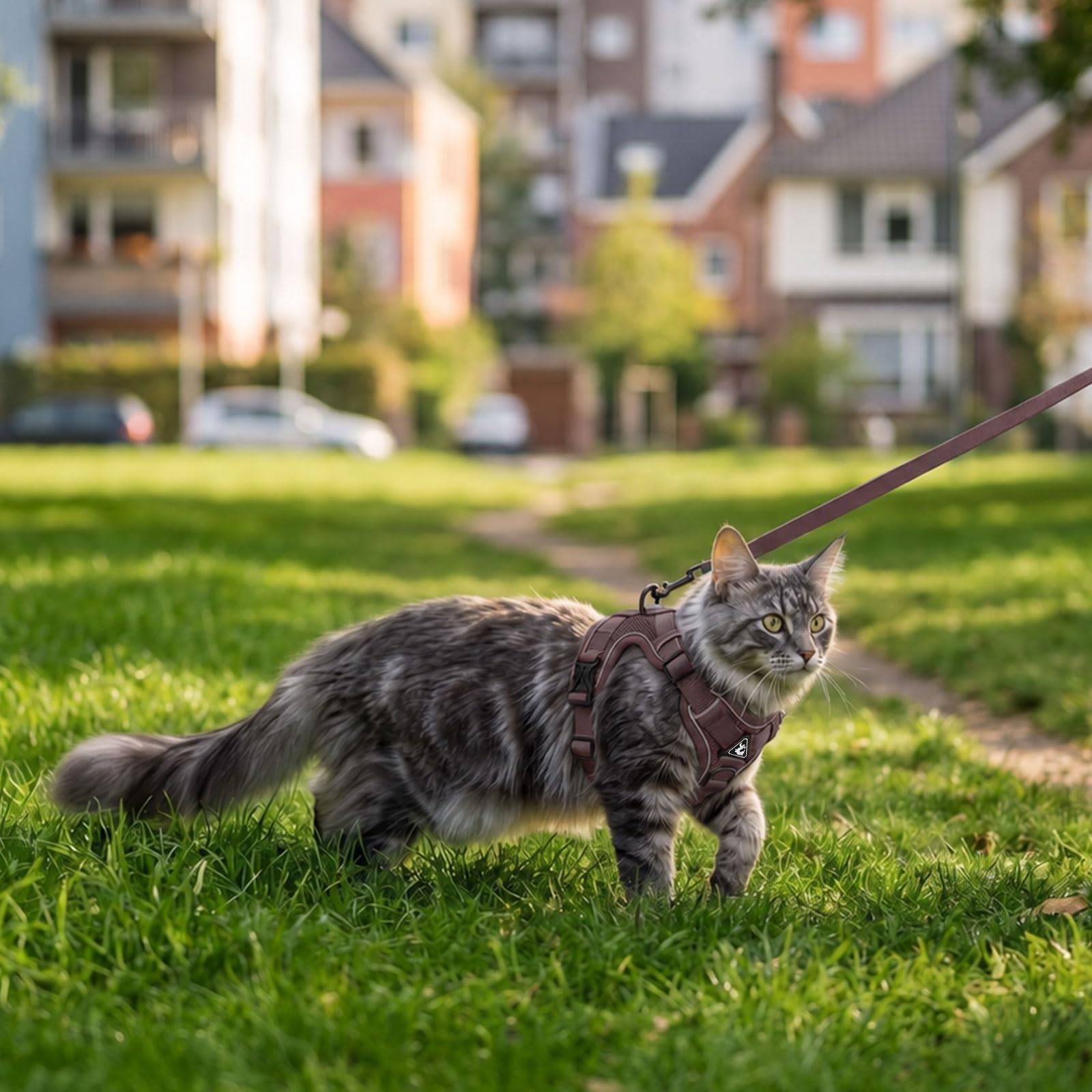 NARELECT cat harness and leash set shown worn by a cat.