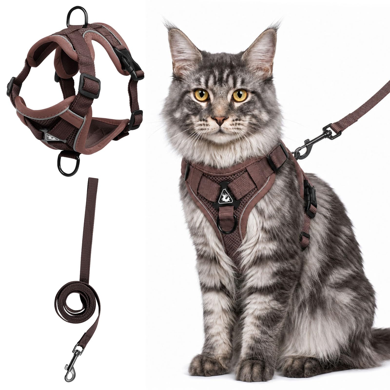 NARELECT cat harness and leash set shown from the front in brown.