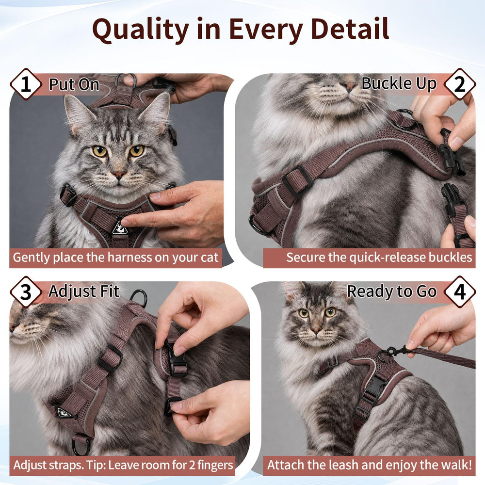 NARELECT cat harness and leash set showing the reinforced metal D-ring.