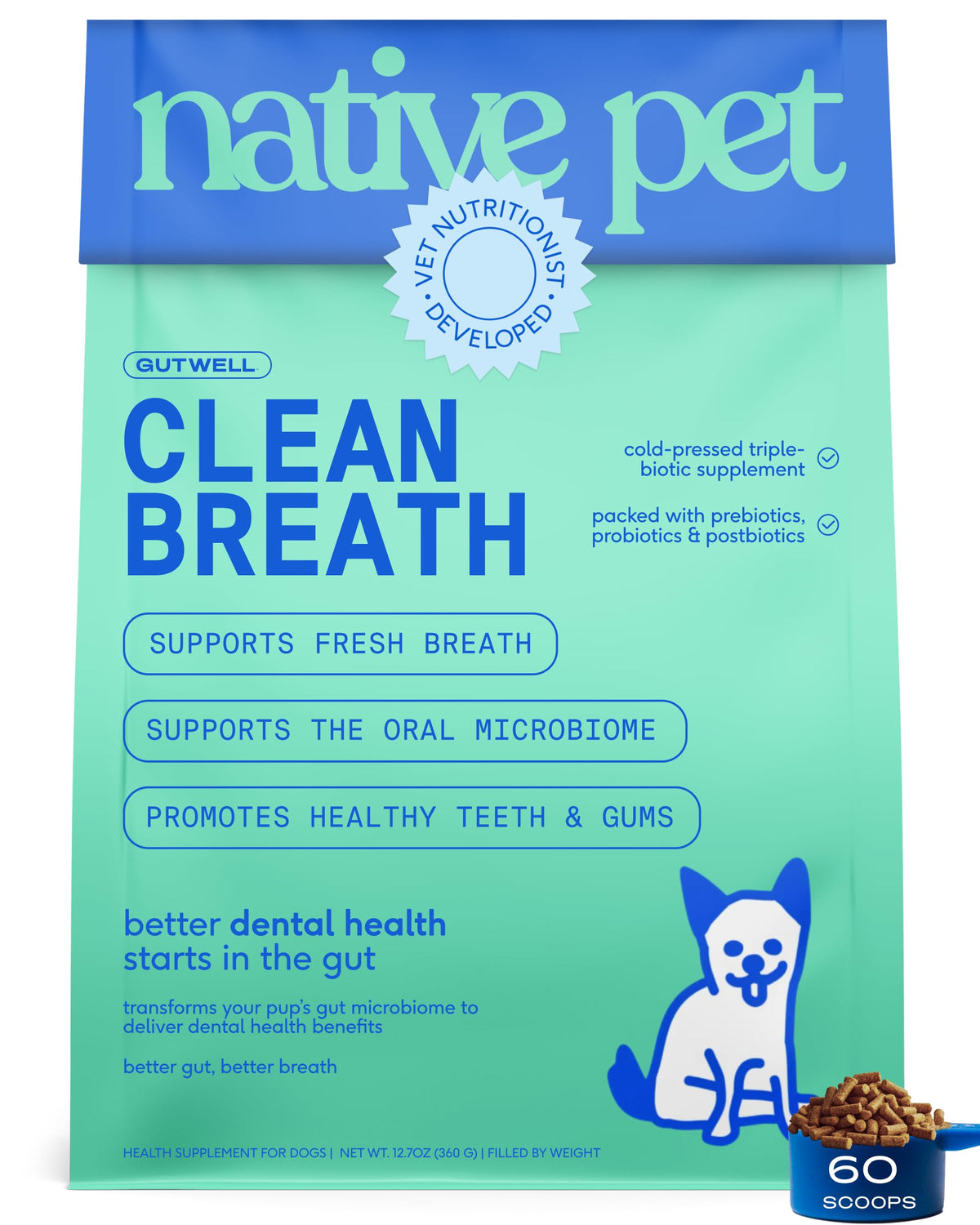 Native Pet Clean Breath dog dental powder shown from the front.