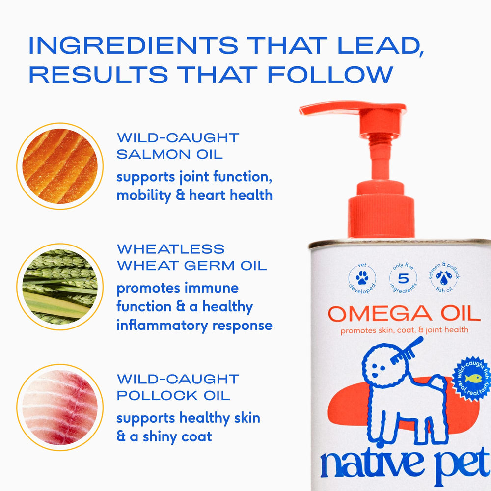 Native Pet Omega 3 Fish Oil blend featuring wild-caught salmon and pollock oils.