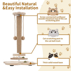 Naturael wooden cat scratching post showing the two-tier wooden ball track.