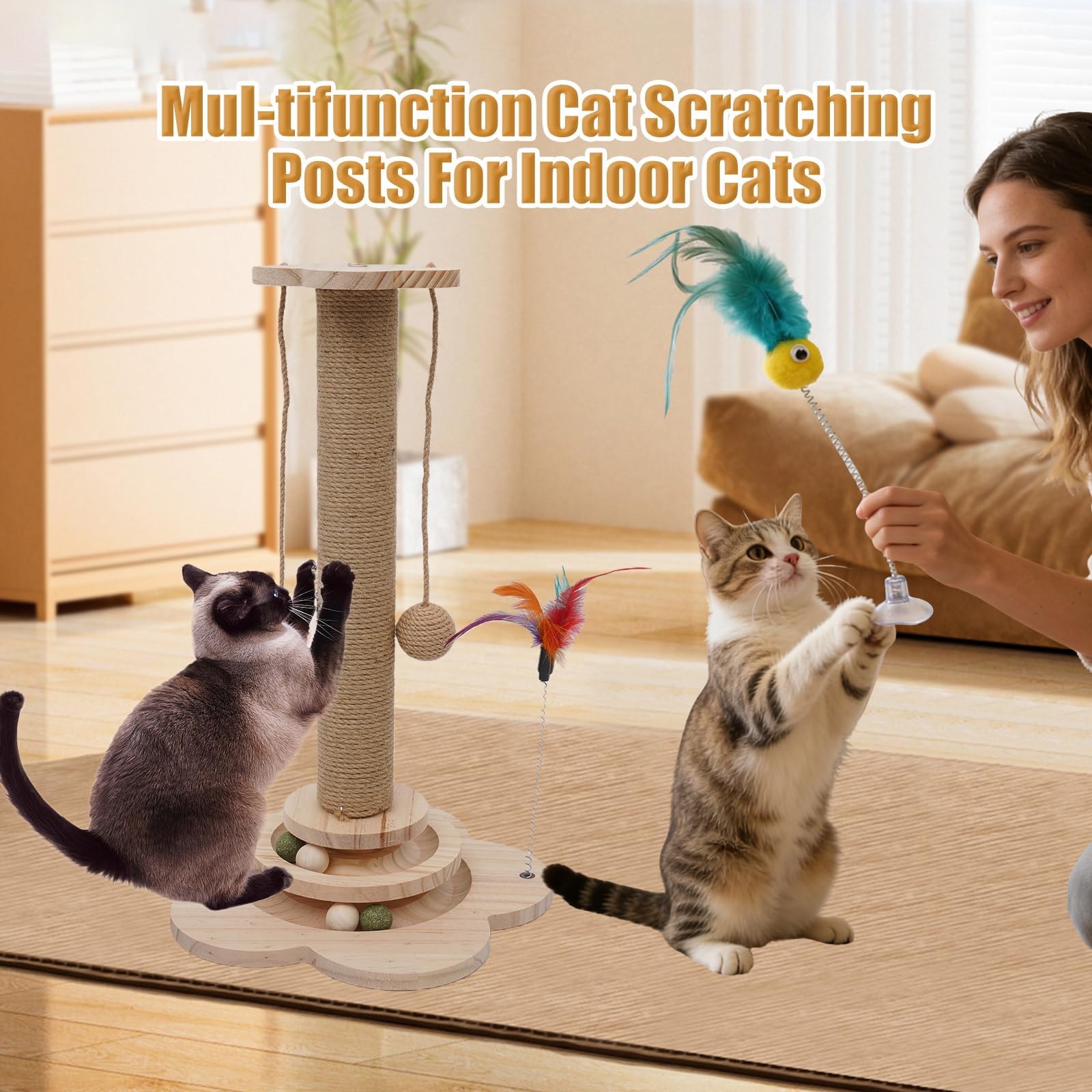 Naturael wooden cat scratching post shown with its two available base size options.