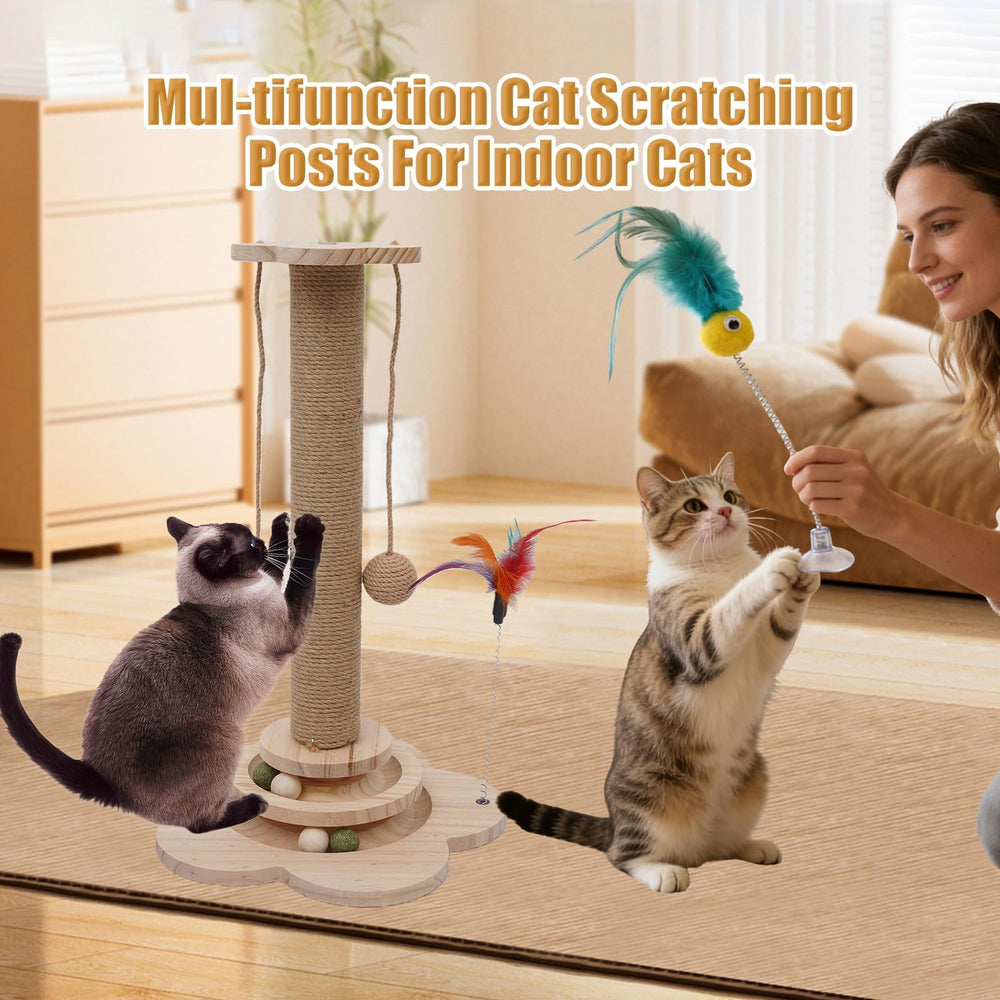 Naturael wooden cat scratching post shown with its two available base size options.