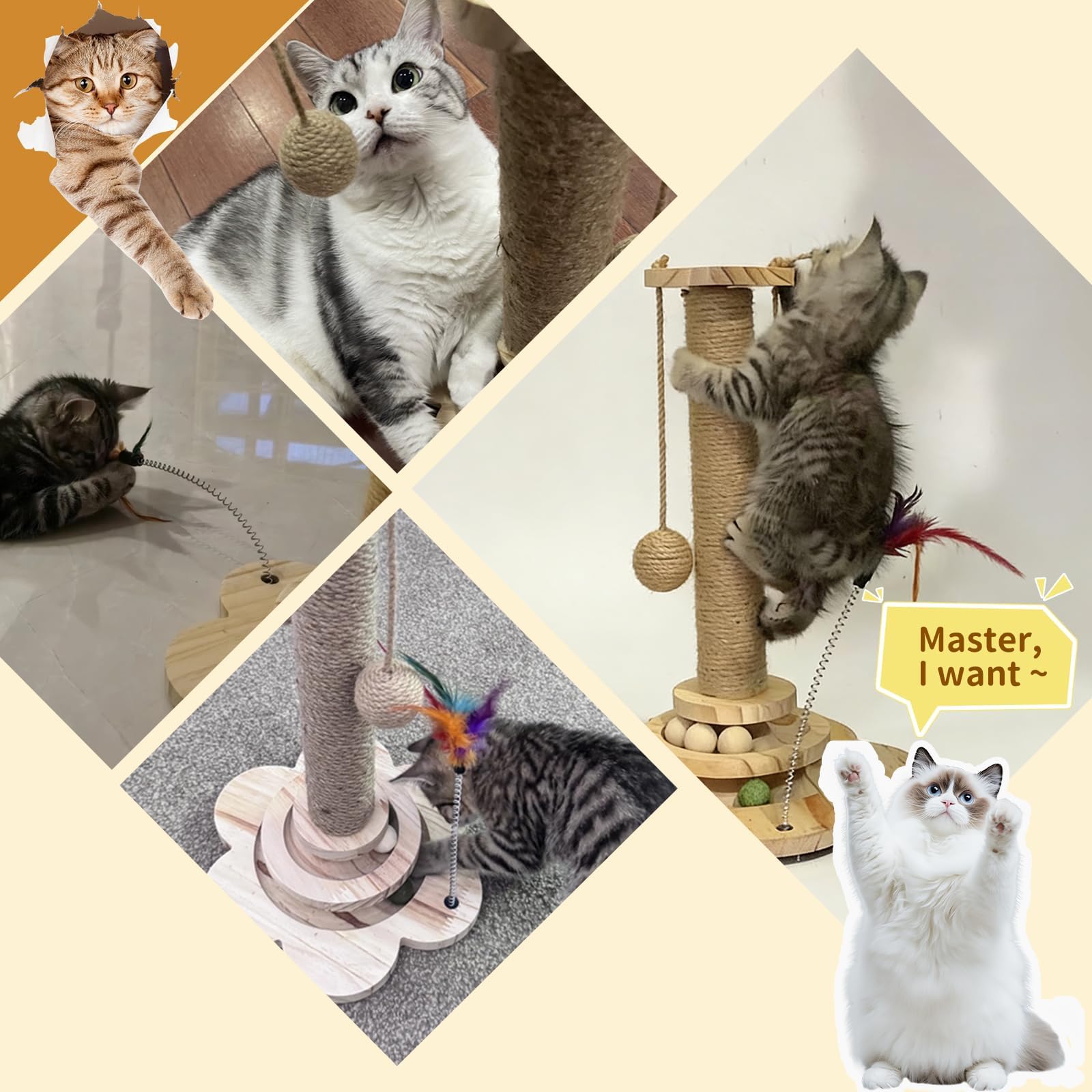 Naturael wooden cat scratching post showing the two included cat teasers.