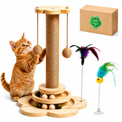 Naturael wooden cat scratching post shown from the front with its multi-level play features.