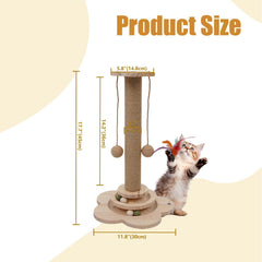Naturael wooden cat scratching post with its dangling sisal balls in view.
