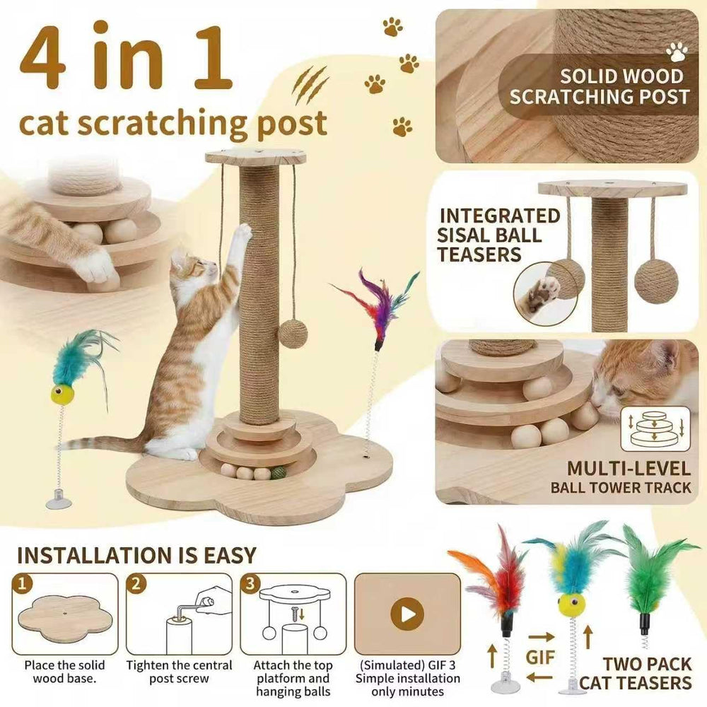 Naturael wooden cat scratching post with a close view of the sisal-wrapped scratching surface.