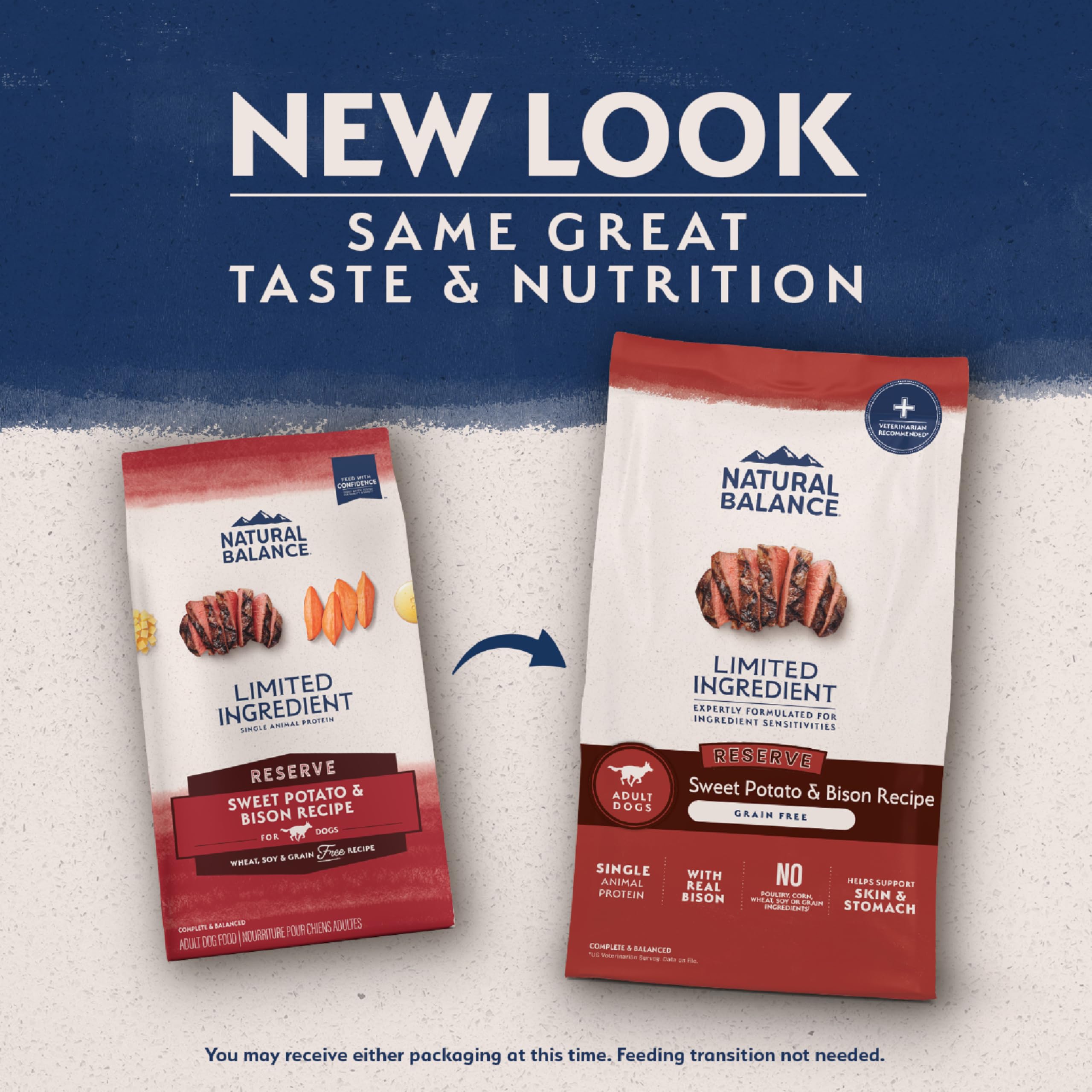 Natural Balance bison and sweet potato dry dog food package shown at an angle.