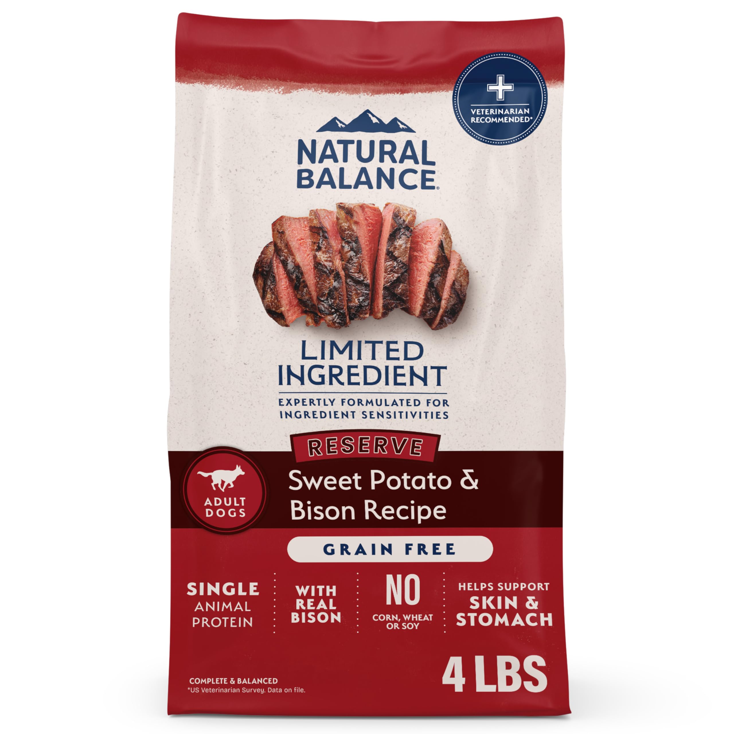 Natural Balance bison and sweet potato dog food bag shown from the front.