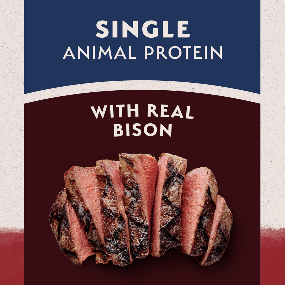 Natural Balance bison and sweet potato dog food ingredient panel on the bag.