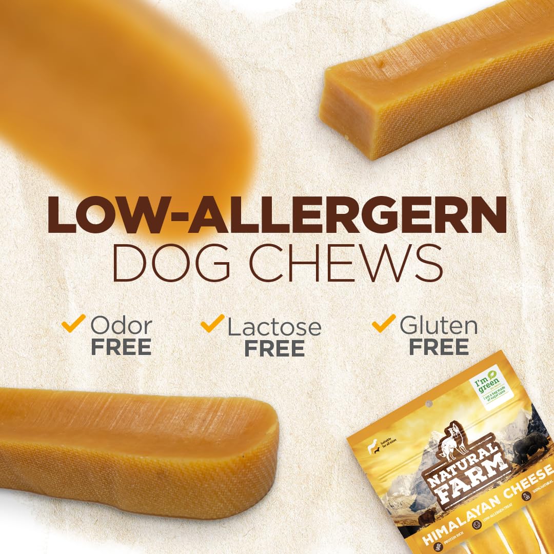 Natural Farm Himalayan Yak Cheese Chews shown with focus on the yak and cow milk ingredients.