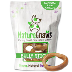 Nature Gnaws bully stick rings shown from the front as a five-count dog chew.