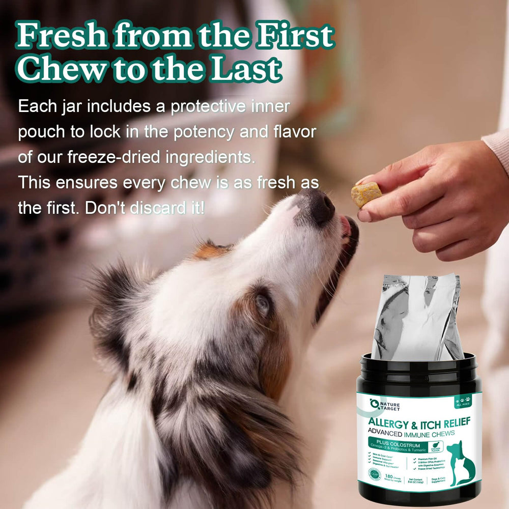 NATURE TARGET Dog Allergy Chews in their vacuum-sealed bag and shelf-stable jar.