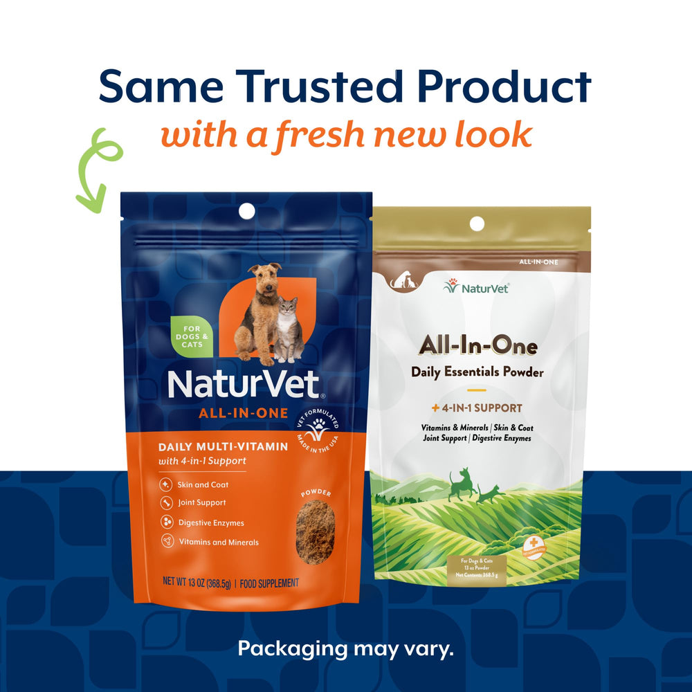 NaturVet All-in-One Cat & Dog Supplement label shown from the back.