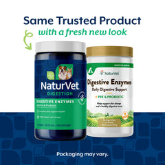 NaturVet Digestive Enzymes product shown from the back with its label in focus.