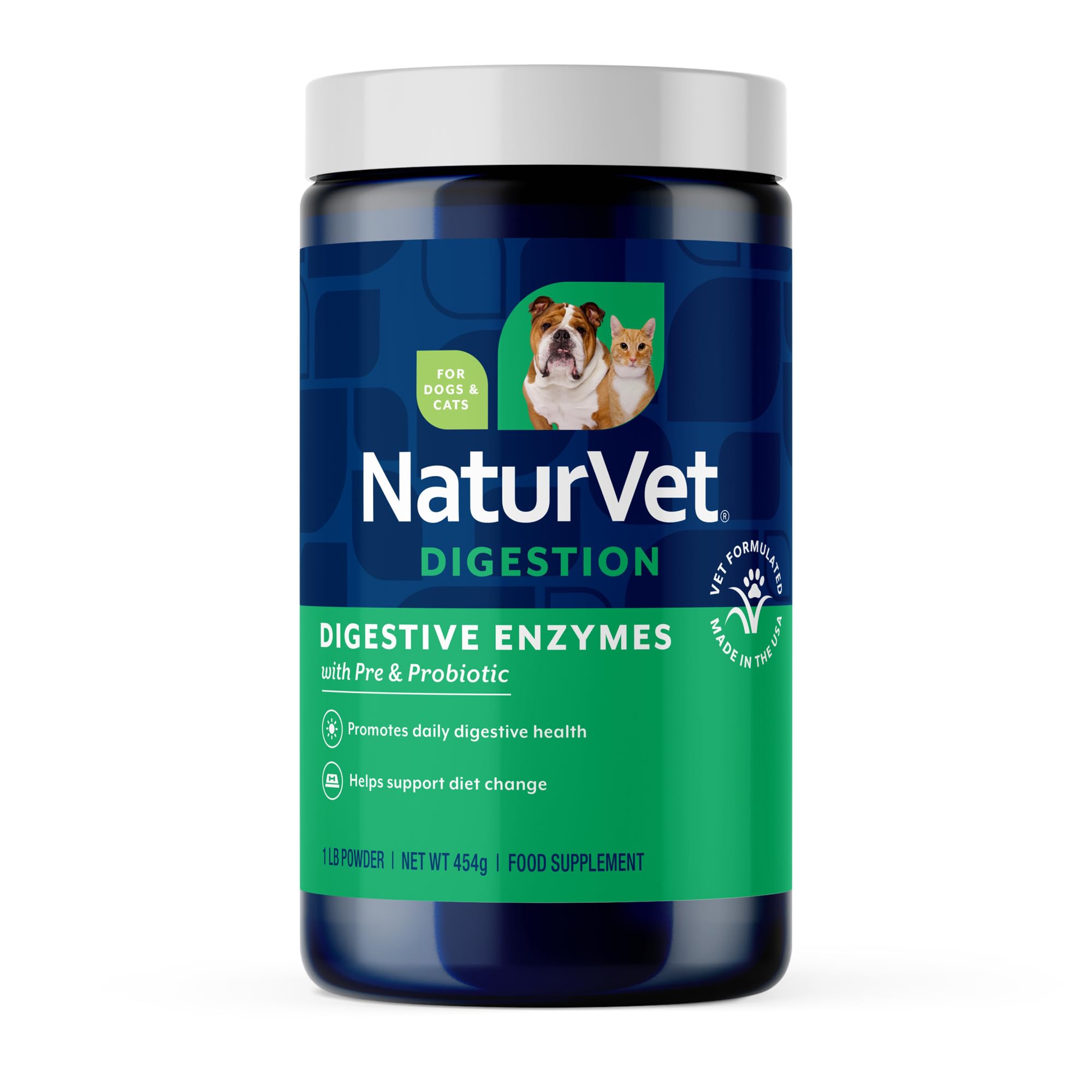 NaturVet Digestive Enzymes powder product shown from the front.