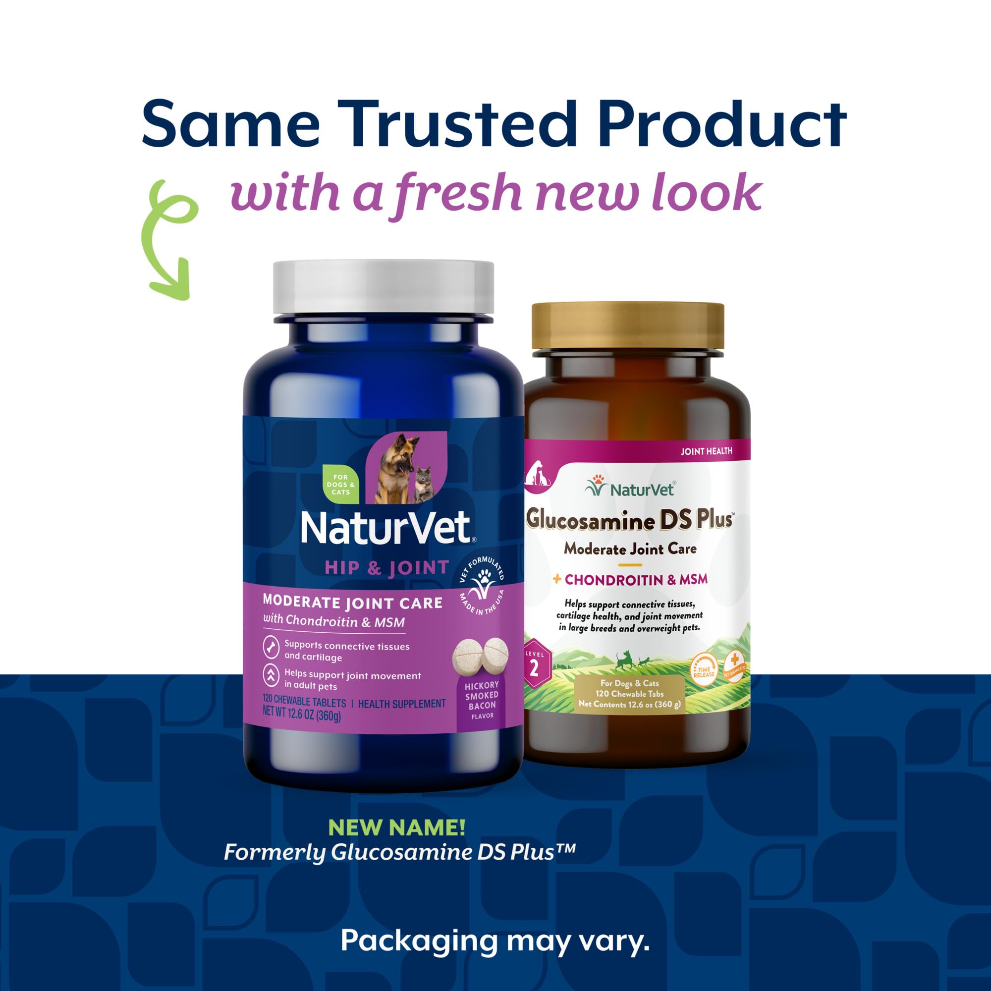NaturVet Glucosamine DS Plus Level 2 joint supplement with a close-up focus on its chewable tablet.