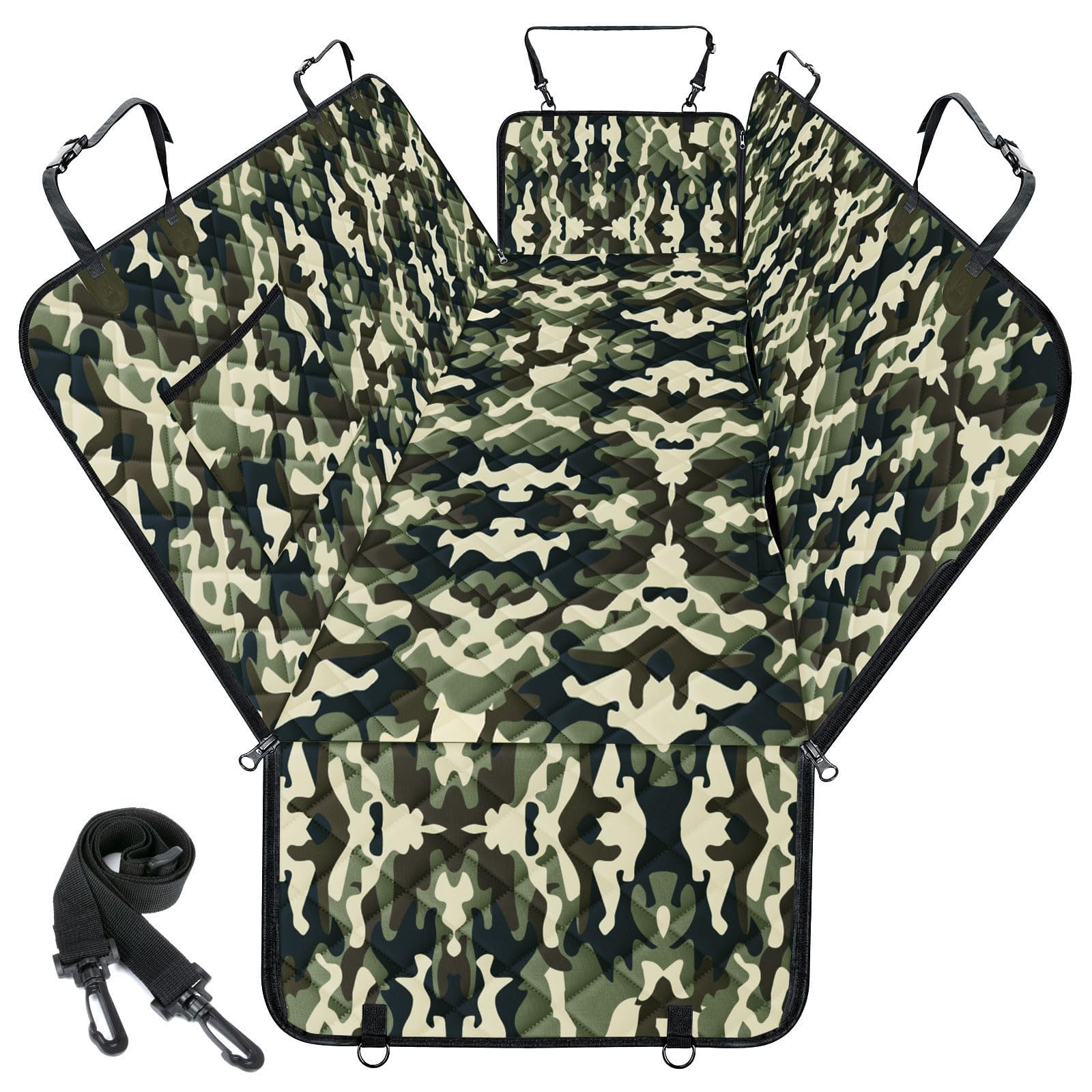 NECKORY dog car seat cover shown from the front in camouflage.