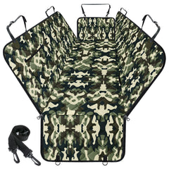 NECKORY dog car seat cover shown from the front in camouflage.