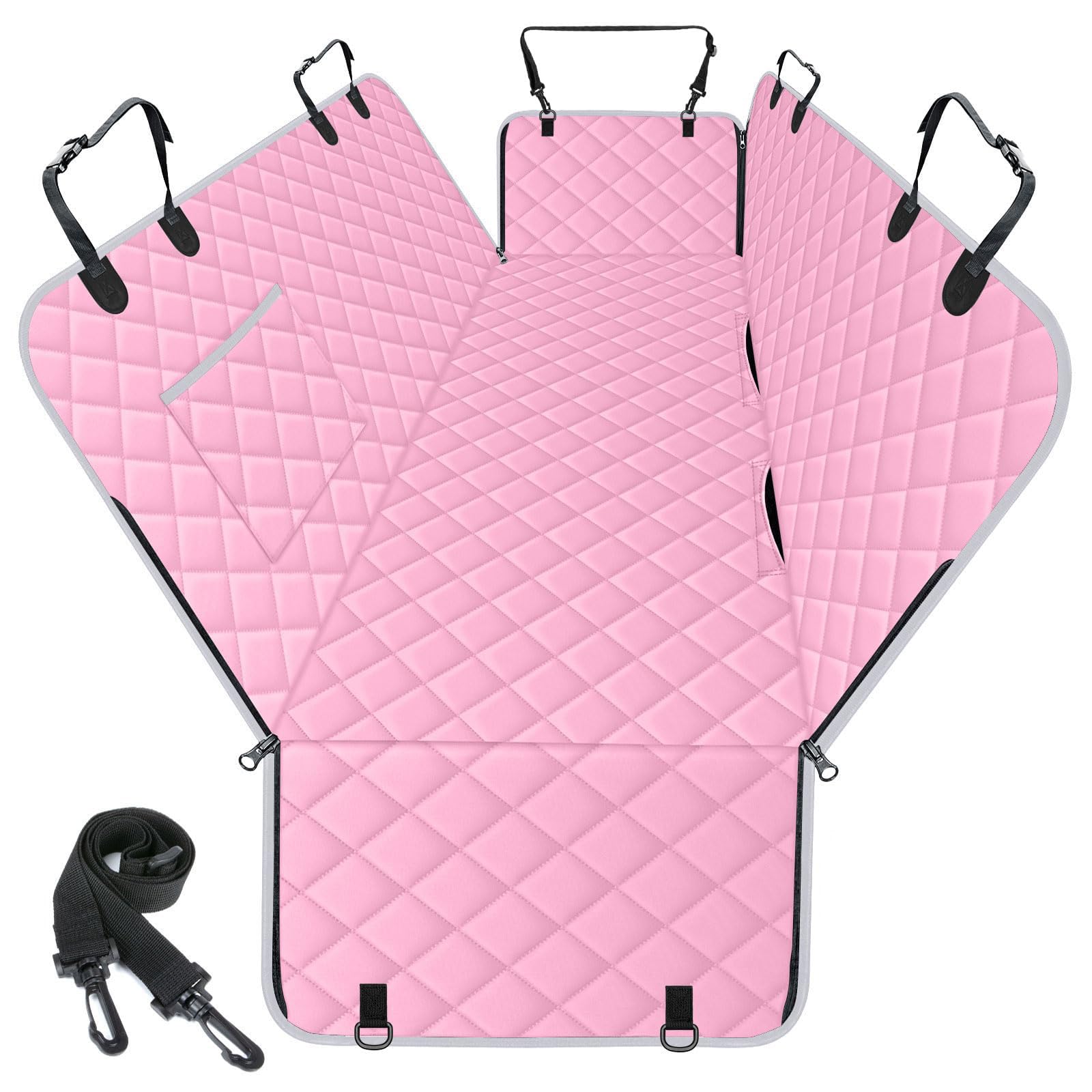 NECKORY dog car seat cover shown from the front in pink and grey.