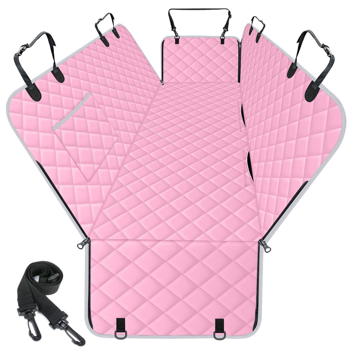 NECKORY dog car seat cover shown from the front in pink and grey.