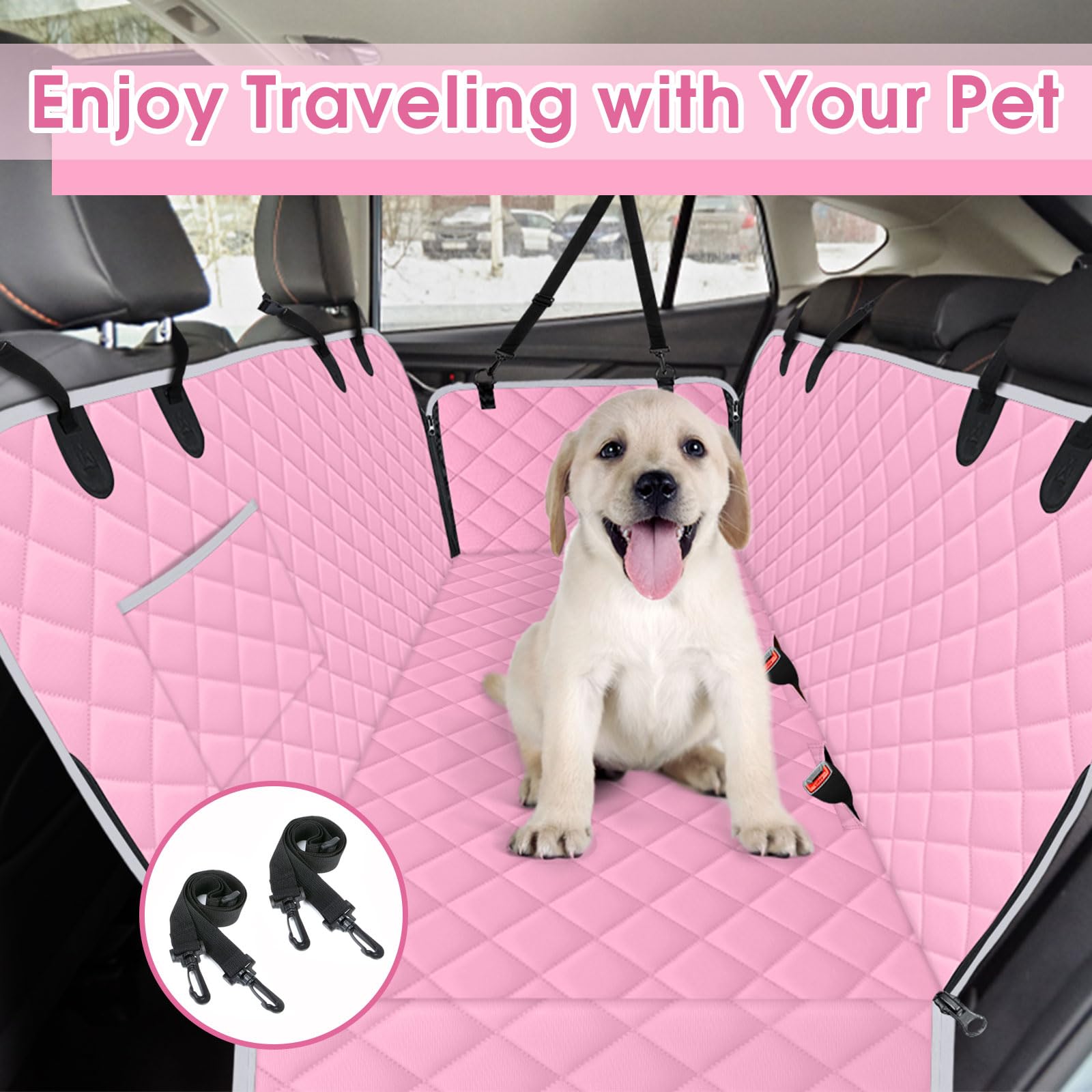 NECKORY dog car seat cover showing its seat anchor and adjustable headrest buckle.