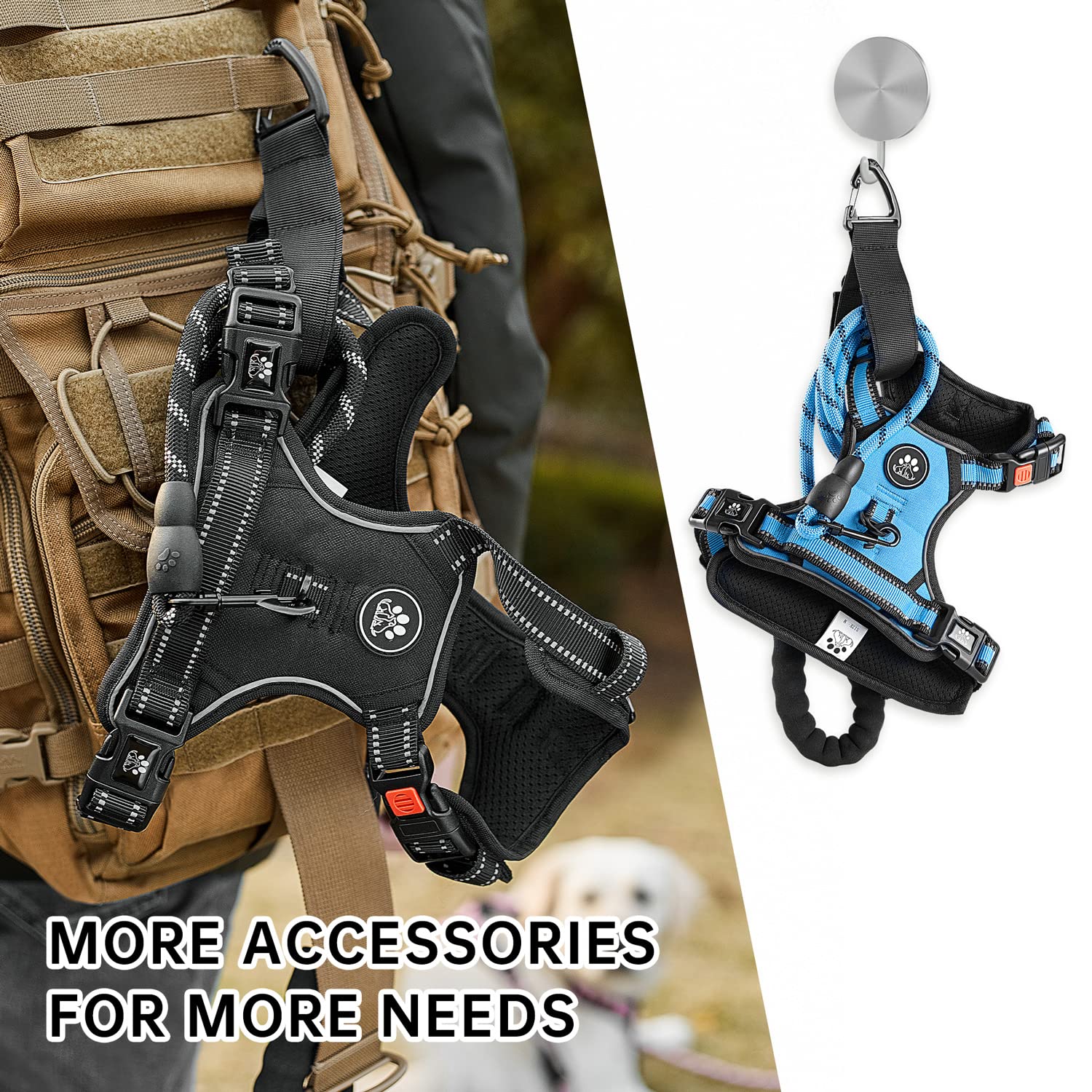 NESTROAD dog harness accessories including the leash, retractable seatbelt and storage strap.