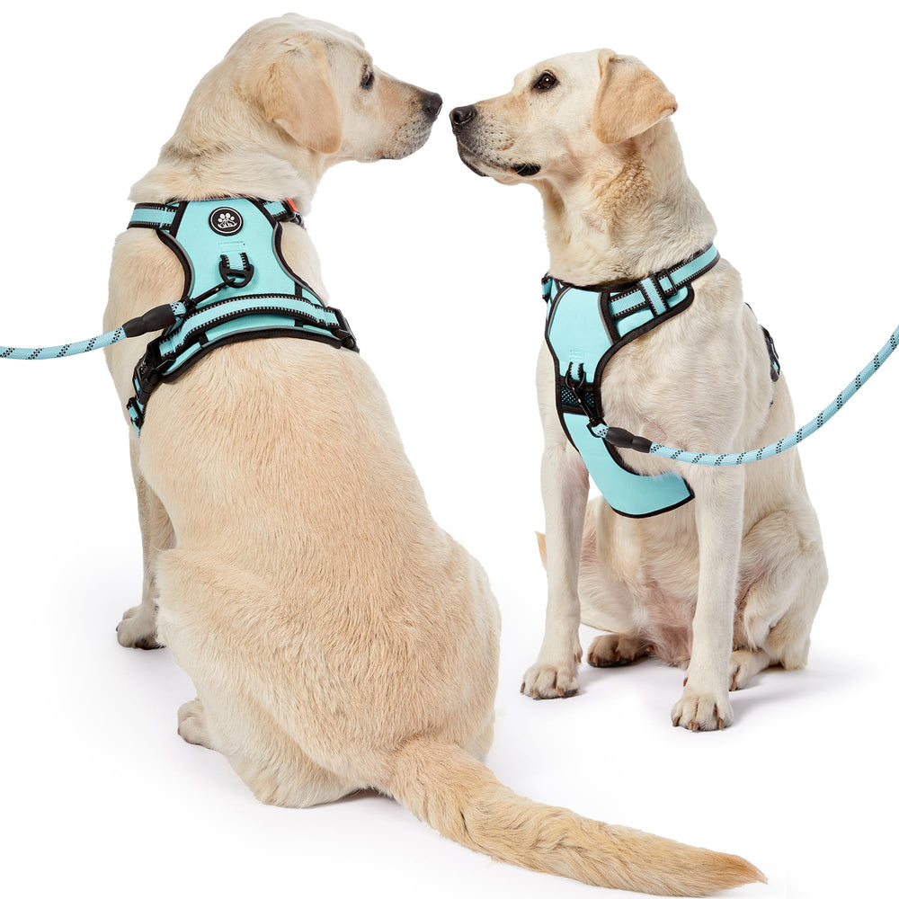 NESTROAD dog harness detail showing reflective strips and breathable air mesh.