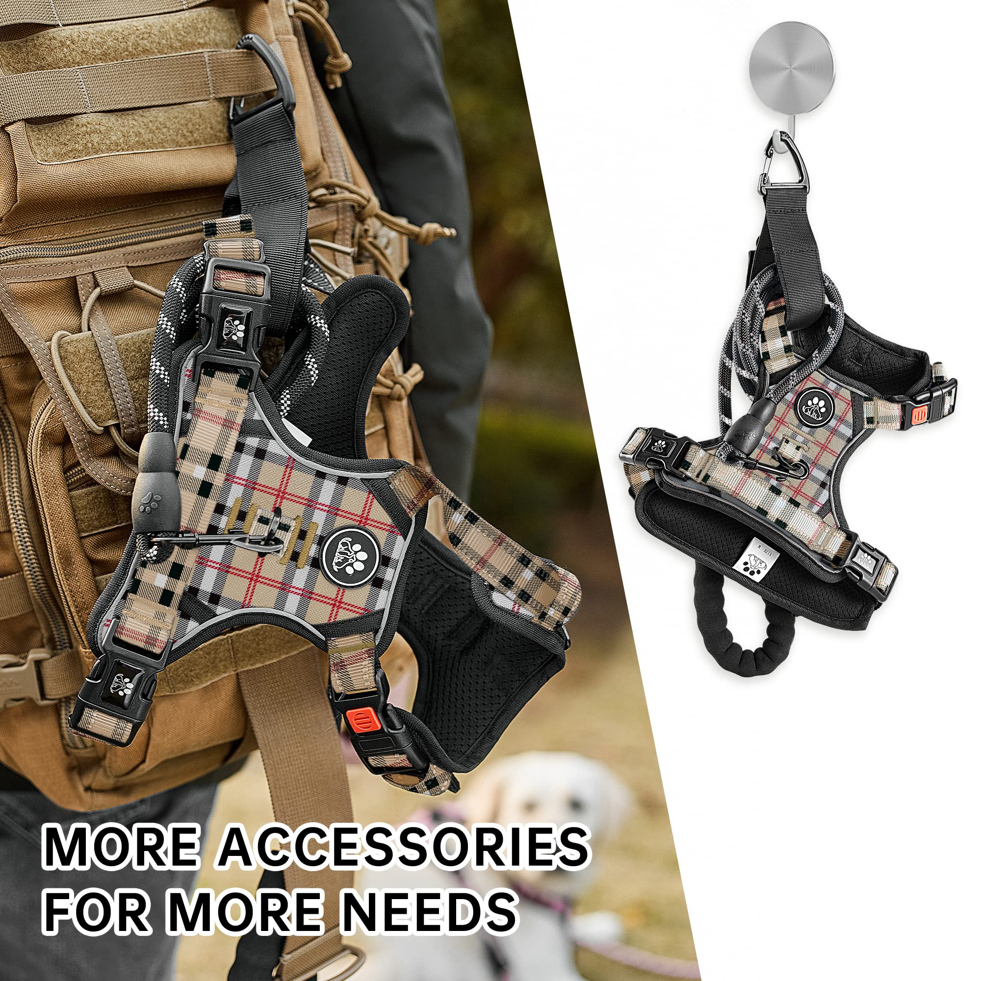 NESTROAD dog harness detail showing reflective strips for nighttime visibility.