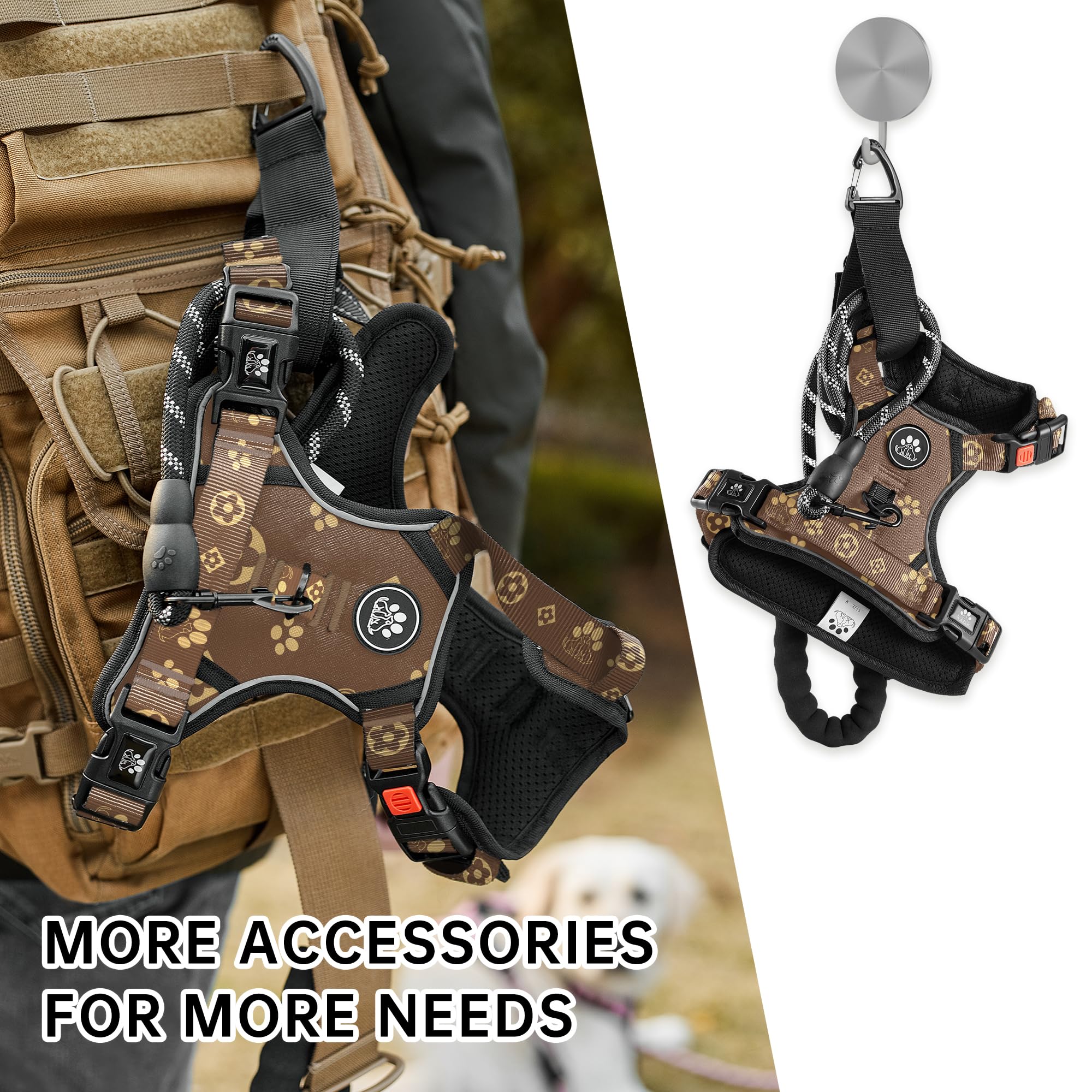 NESTROAD Reflective Dog Harness set with its leash, retractable seatbelt, and storage strap.