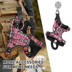 NESTROAD dog harness set with the included leash, retractable seatbelt, and storage strap.