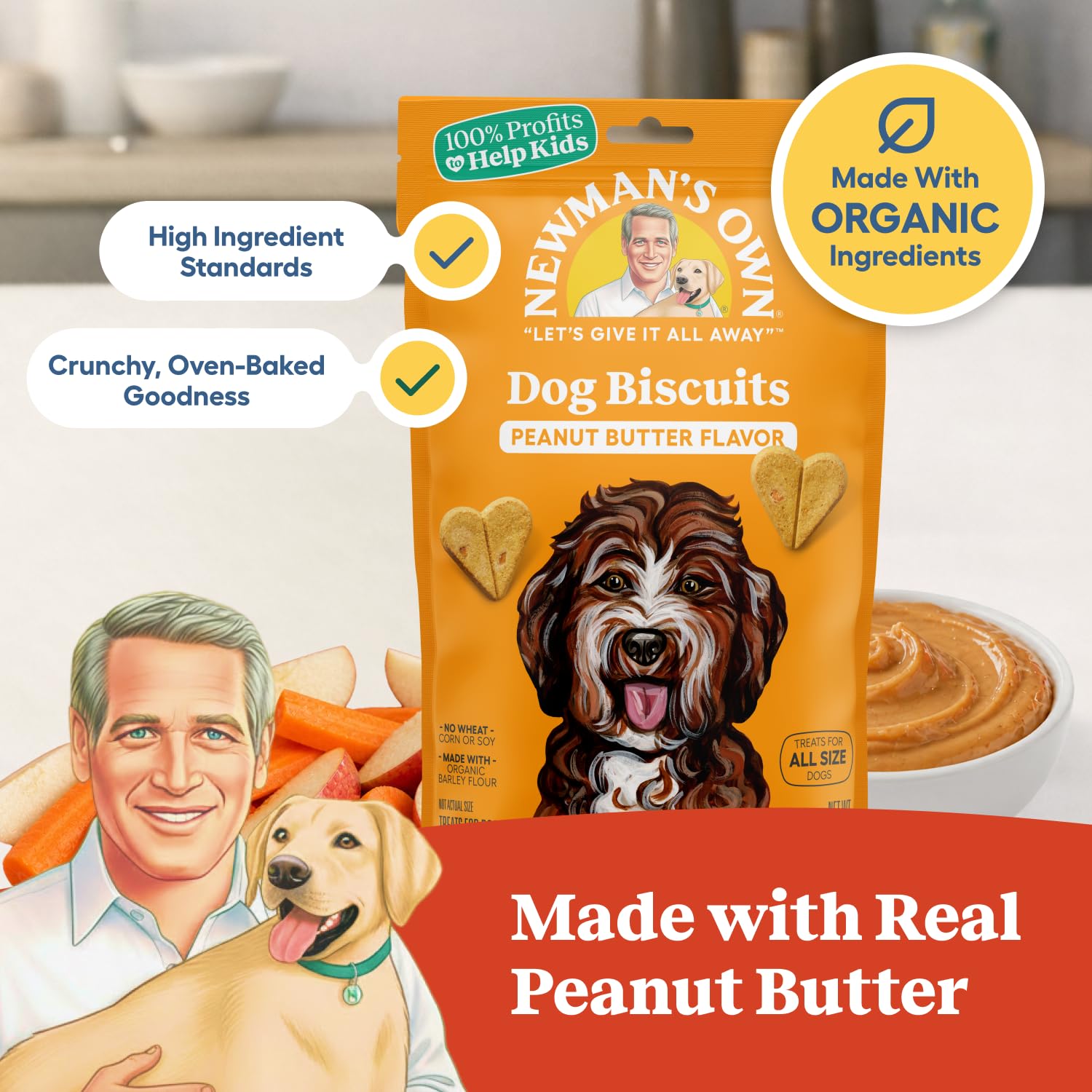 Newman's Own Dog Biscuits bag shown from the front.