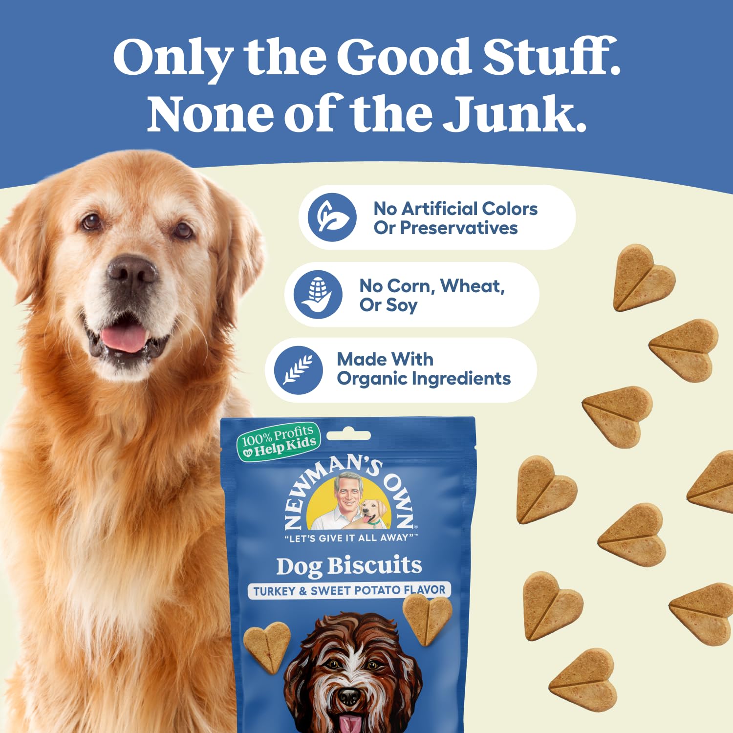 Newman's Own Dog Biscuits shown broken into smaller reward pieces.