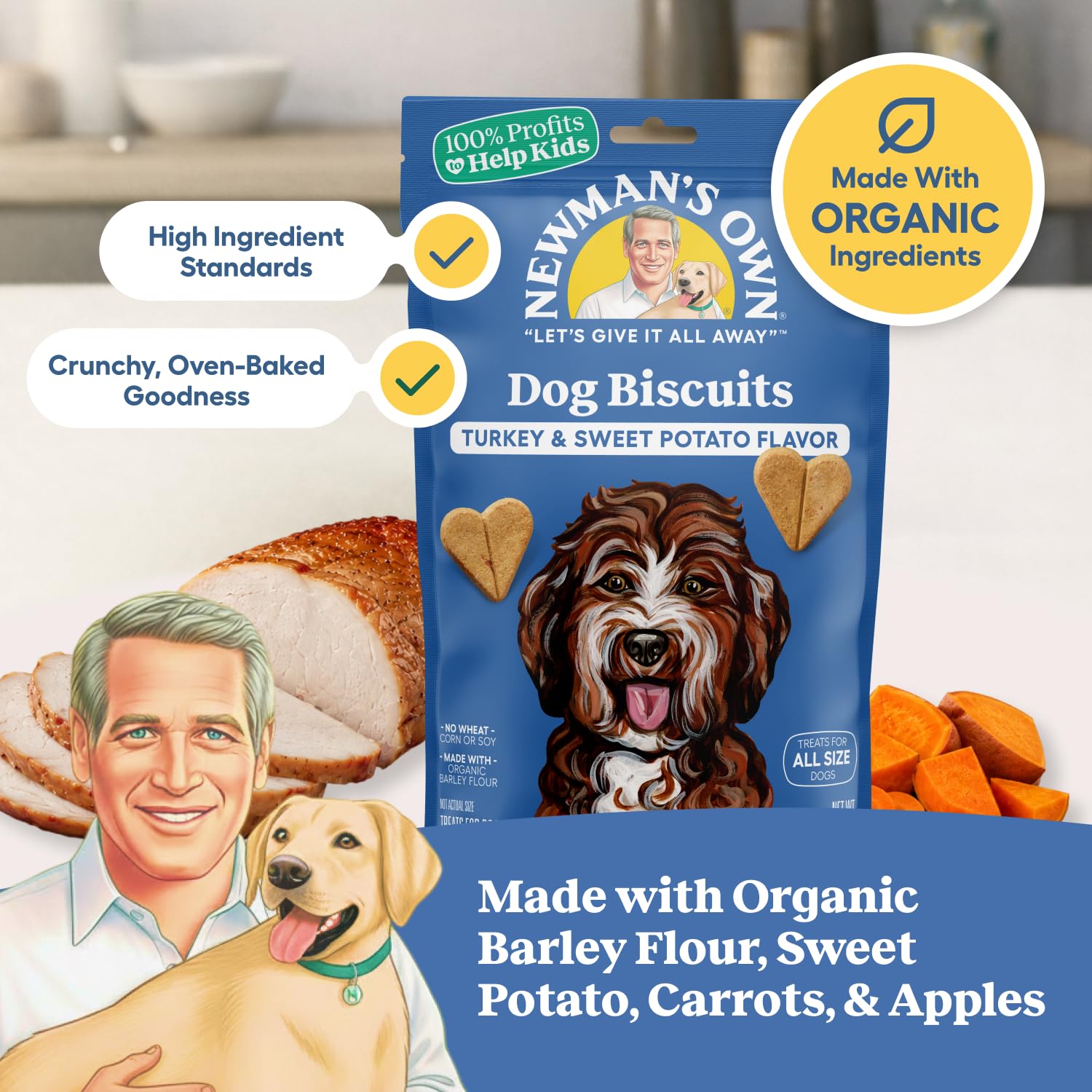Newman's Own Dog Biscuits shown as heart-shaped crunchy treats.