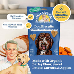 Newman's Own Dog Biscuits shown as heart-shaped crunchy treats.