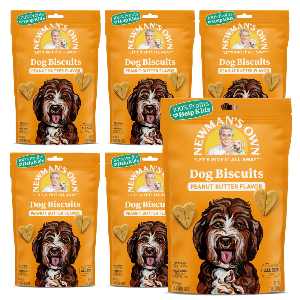 Newman's Own Dog Biscuits shown as a six-bag pack.