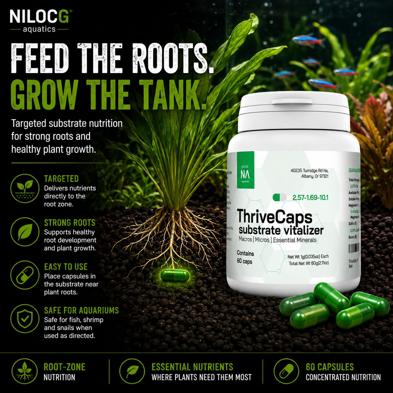 NilocG Aquatics ThriveCaps aquarium root fertilizer shown in capsule form.