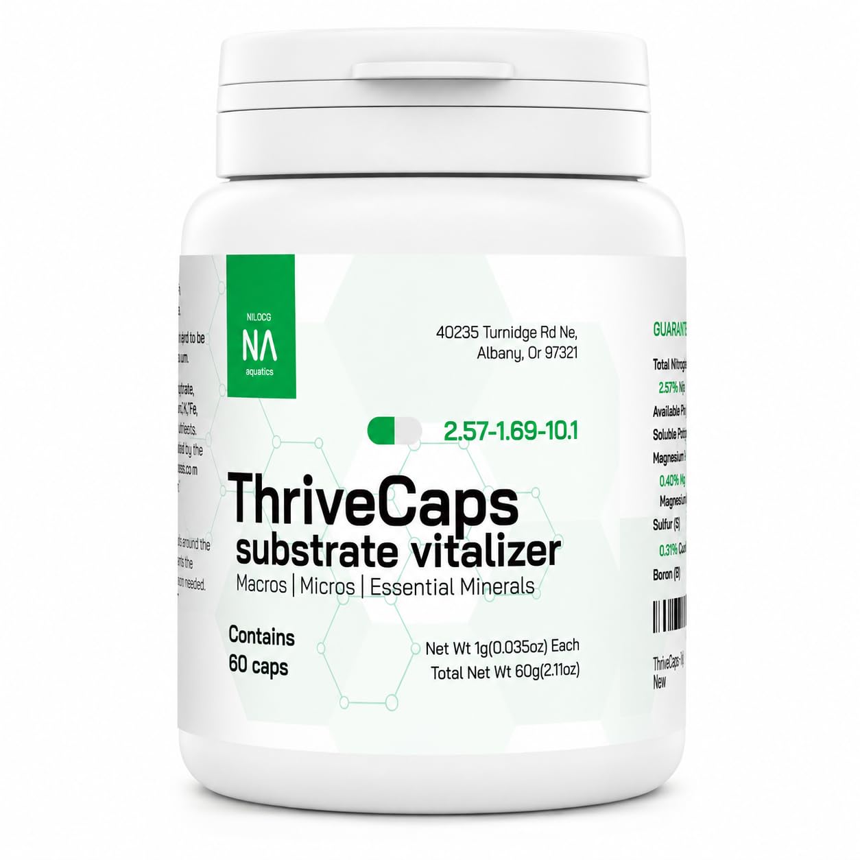NilocG Aquatics ThriveCaps aquarium root fertilizer shown from the front.