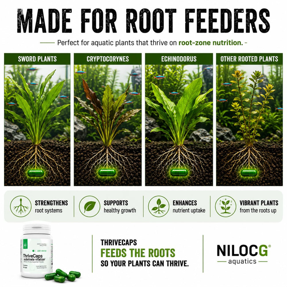 NilocG Aquatics ThriveCaps aquarium root fertilizer label shown clearly.