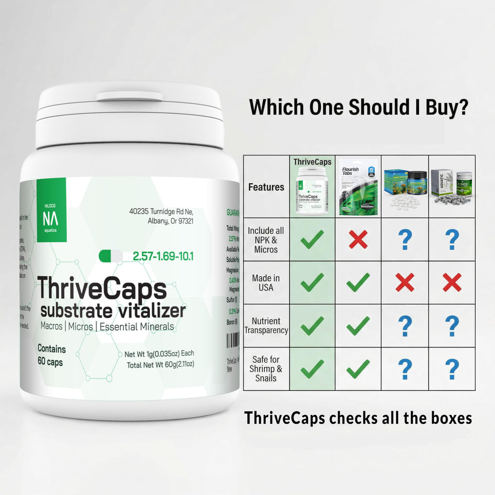 NilocG Aquatics ThriveCaps aquarium root fertilizer nutrient details shown.