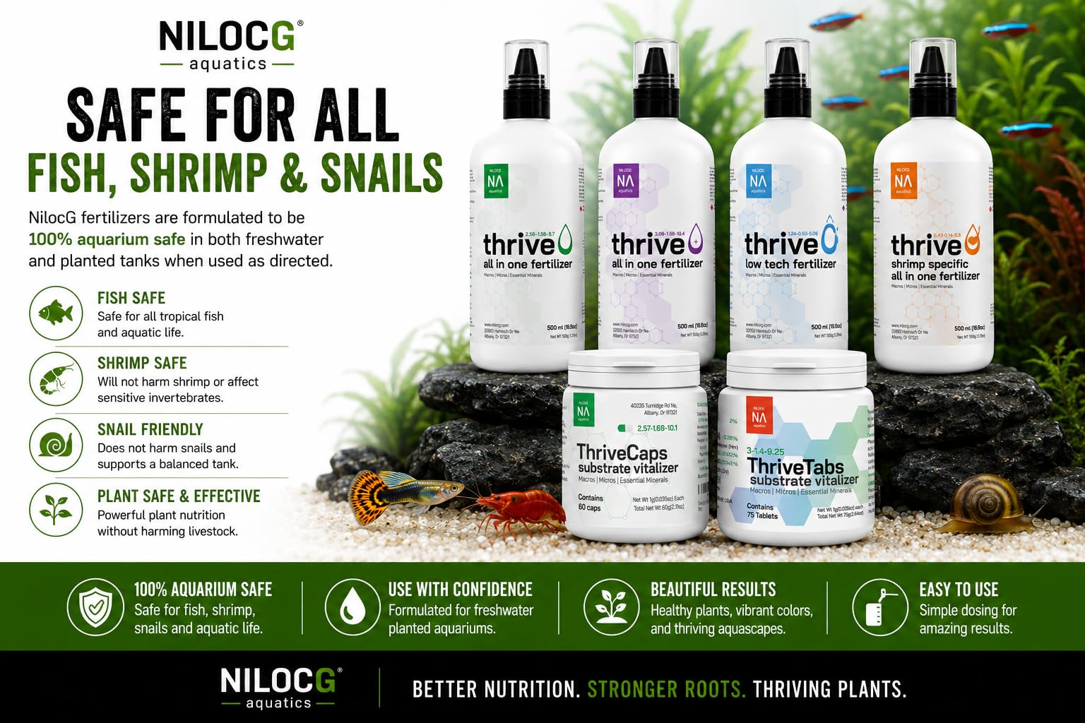 NilocG Aquatics ThriveCaps aquarium root fertilizer shown for a planted tank.