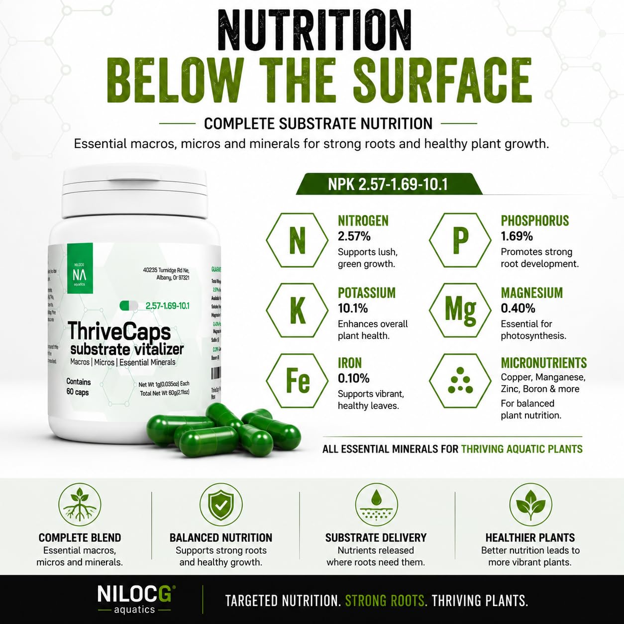 NilocG Aquatics ThriveCaps aquarium root fertilizer placed beneath aquarium substrate.
