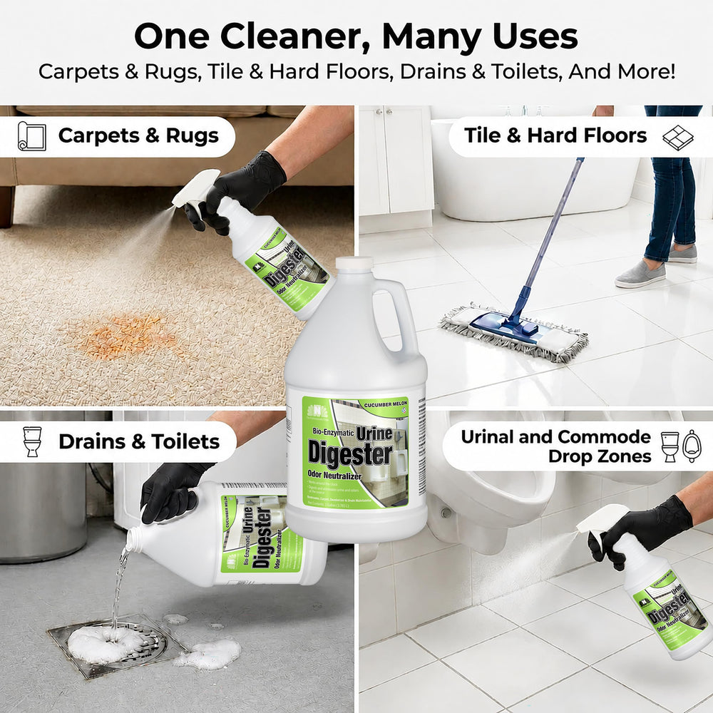 Nilodor urine enzymatic cleaner being applied to a carpet.